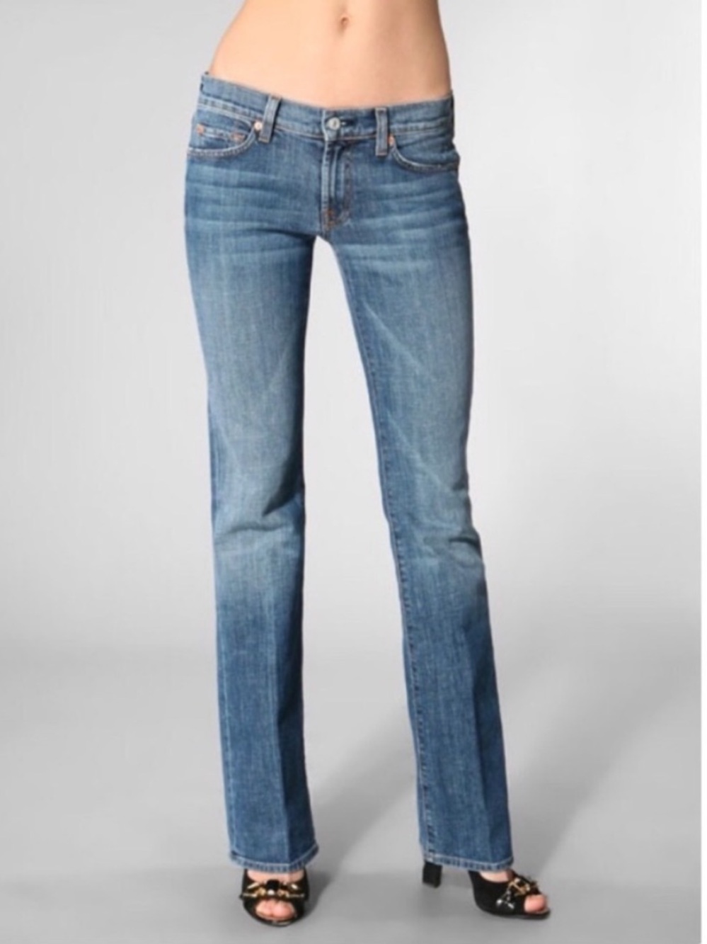 7 For All Man Kind Y2K Distressed Medium Wash Bootcut Jeans Low Rise #700370-28W - Picture 1 of 14